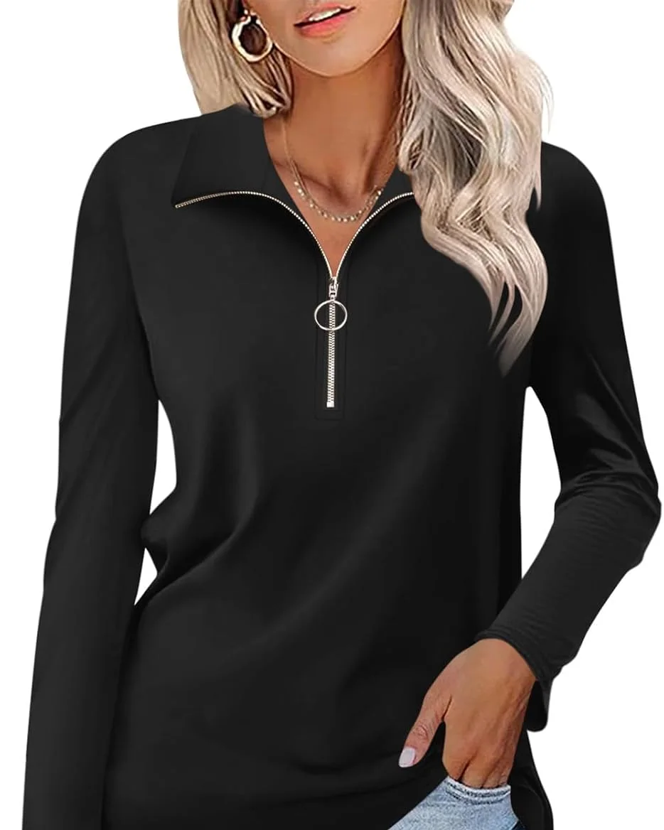 Minetom Womens Long Sleeve Shirts 1/4 Zipper Pullover V Neck Collar Tops, Black, Small, photo 24