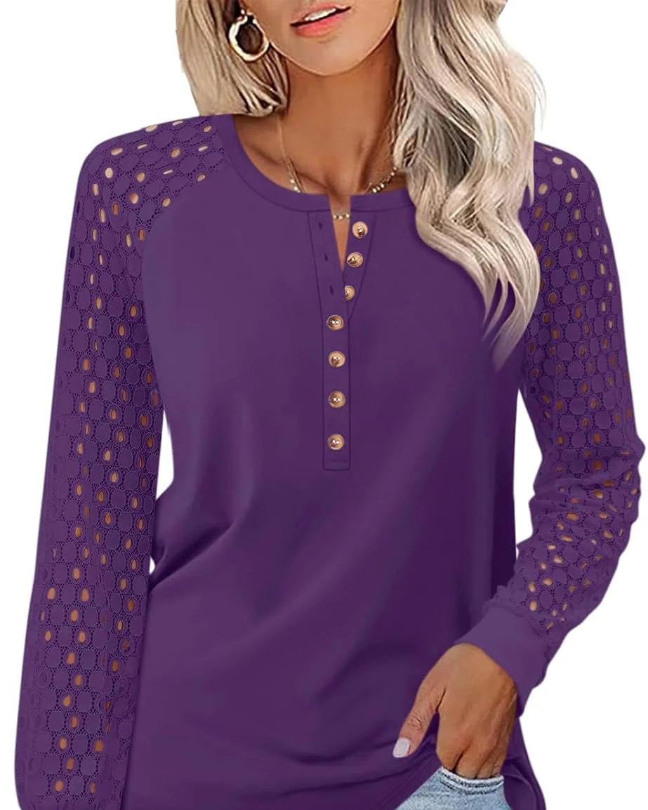 Minetom Women's Lace Long Sleeve Tops Henley Shirts Casual Blouses Tees, Dark Purple, Small, photo 17