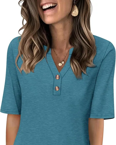 Minetom Women's Half Sleeve Tops V Neck T Shirt Button Casual Tee White, thumbnail 14