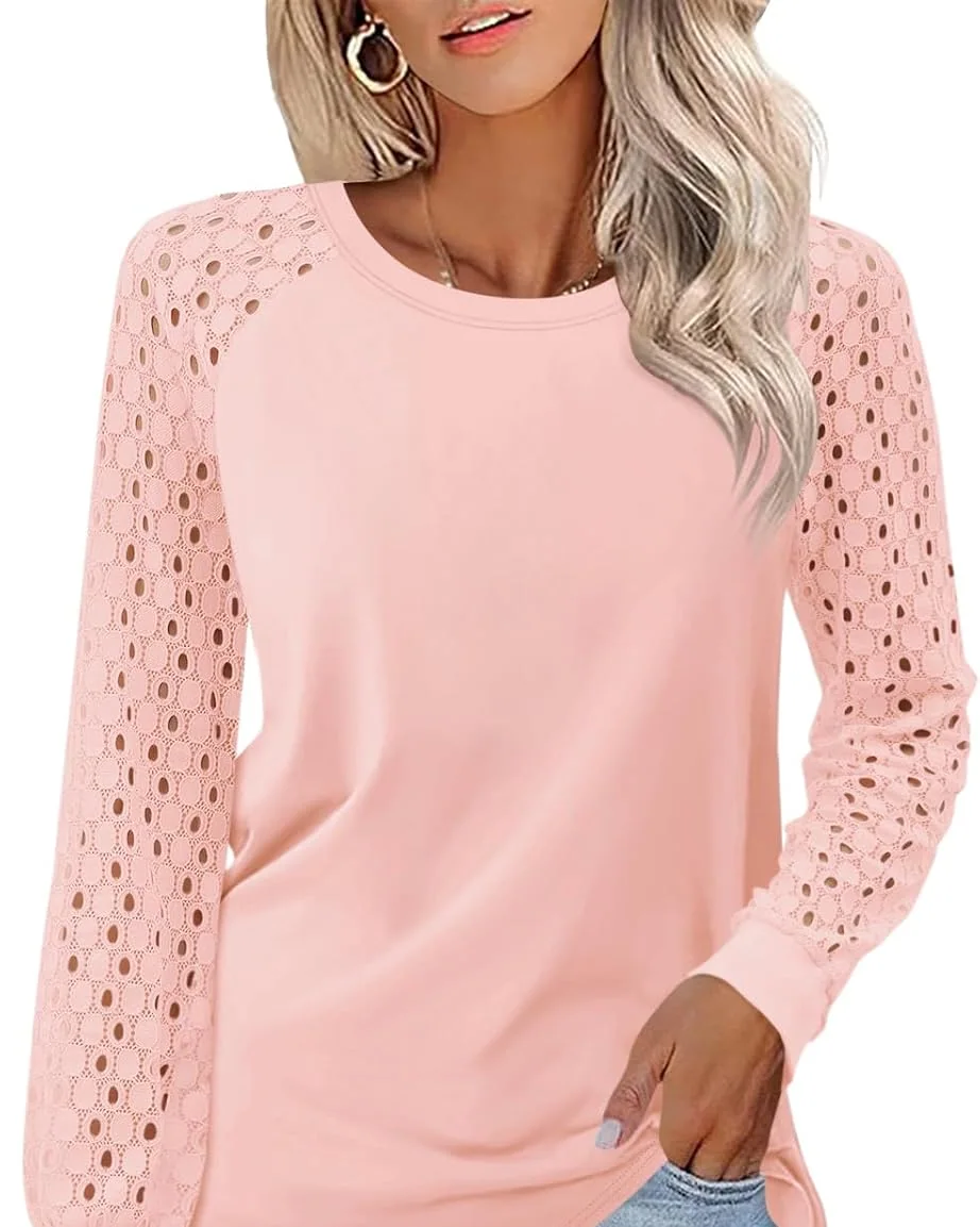 Minetom Womens Lace Tops Long Sleeve Shirts Dressy Casual Blouses Trendy, Pink, Large, photo 8