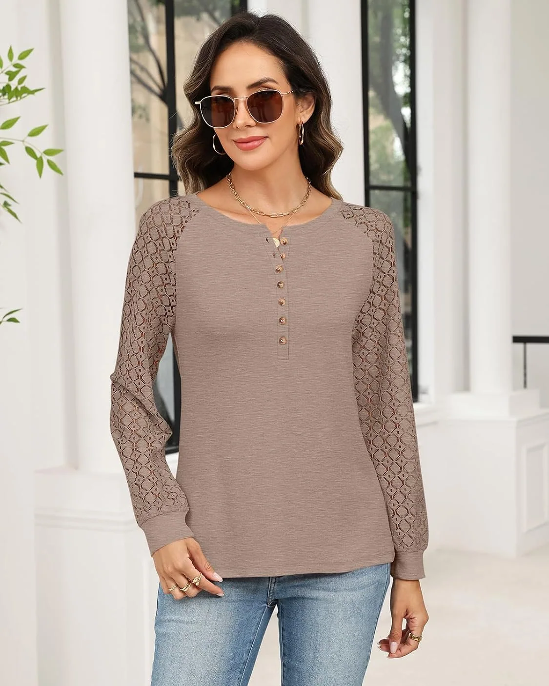 Minetom Women's Lace Long Sleeve Tops Henley Shirts Casual Blouses Tees, photo 2
