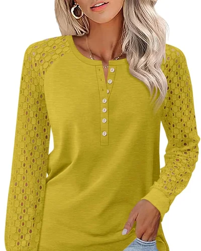 Minetom Women's Lace Long Sleeve Tops Henley Shirts Casual Blouses Tees, thumbnail 21