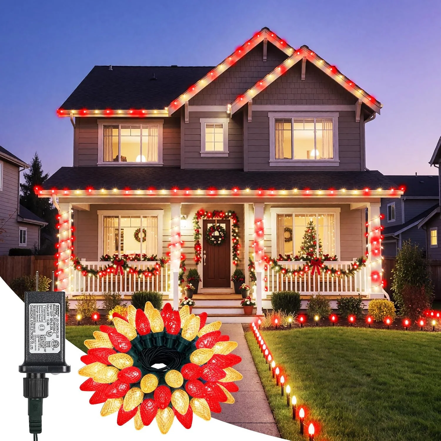 Minetom C9 Christmas Lights Outdoor, 85FT 110LED String Lights with 8 Lighting, Red & Warm White, 1 Pack, photo 5