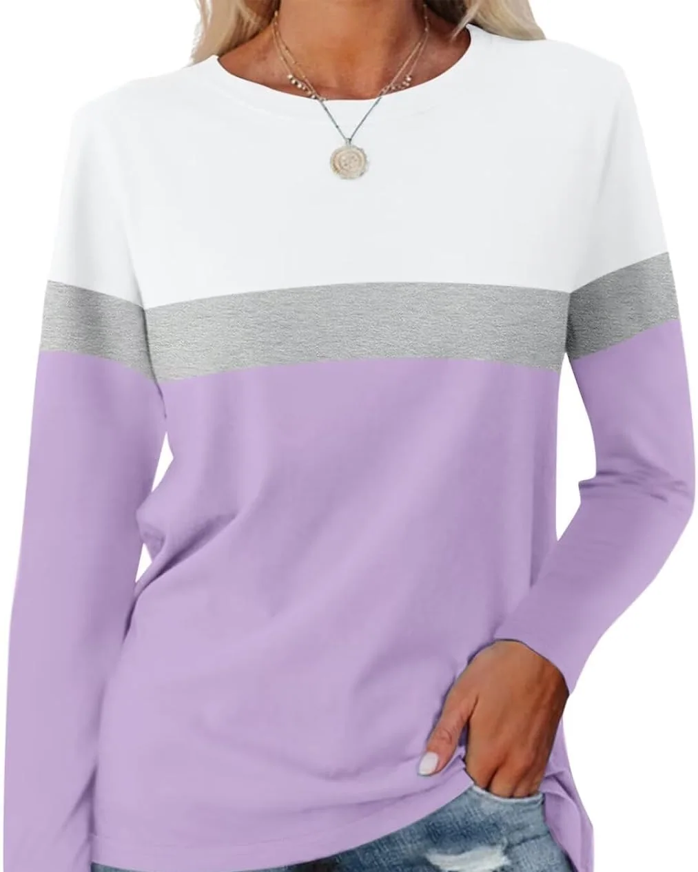 Minetom Women's Color Block Tunic Tops Casual Long Sleeve Shirts Round Neck, White-gray-purple, X-Large, photo 15
