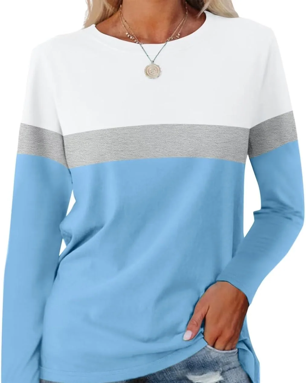 Minetom Women's Color Block Tunic Tops Casual Long Sleeve Shirts Round Neck, White-gray-blue, Large, photo 10