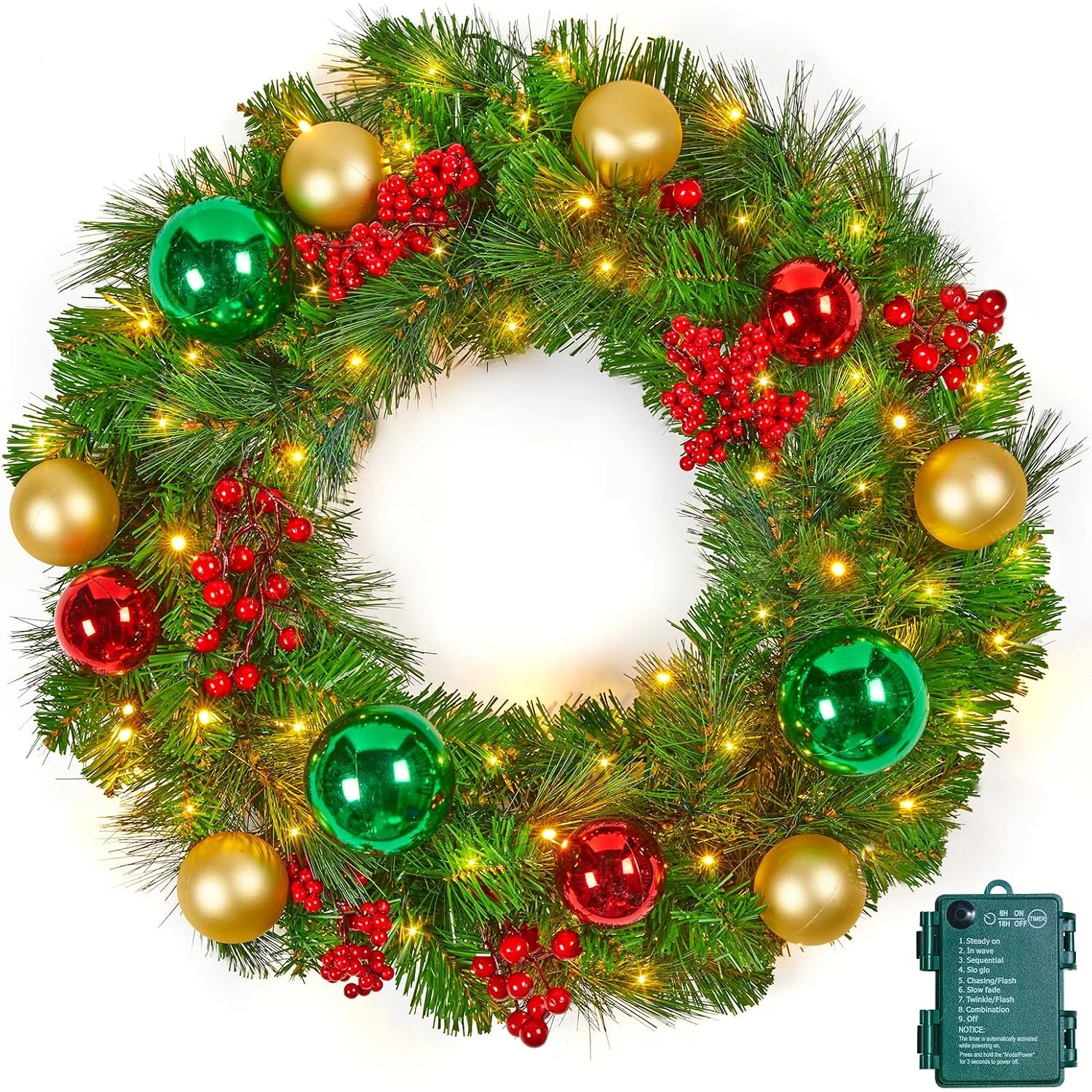 Minetom Pre-Lit Artificial Christmas Wreath 24Inch, Green & Gold, 24inch, photo 2