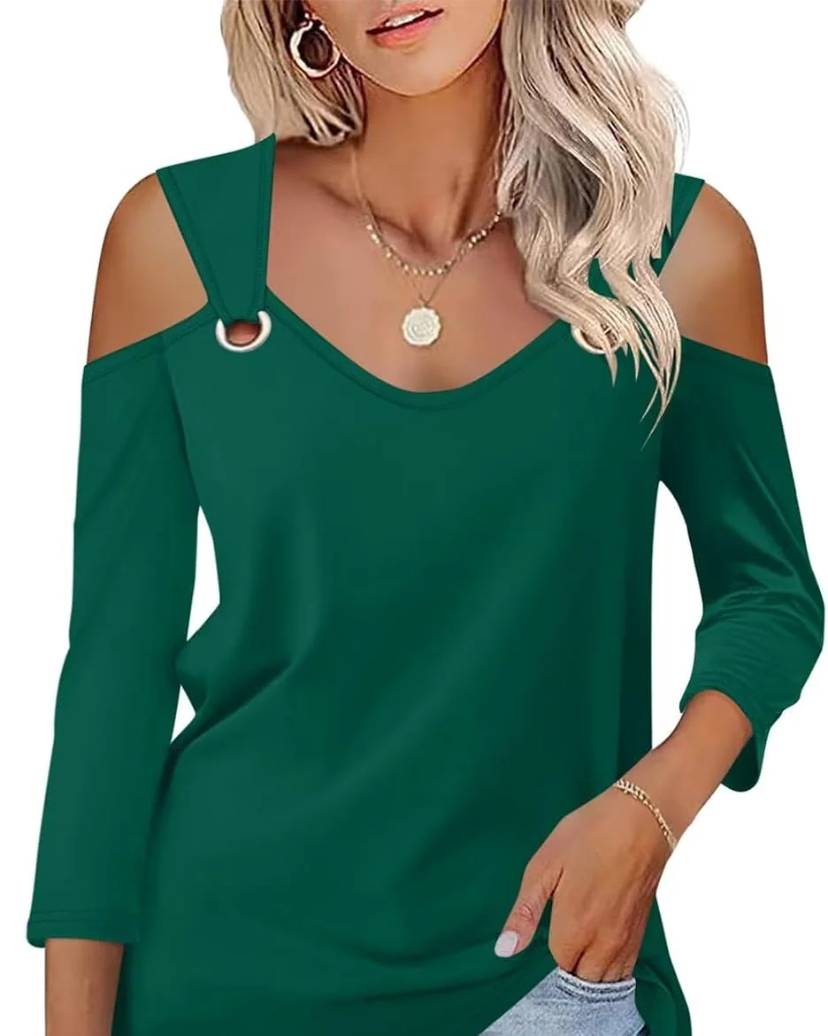 Minetom Women's V Neck 3/4 Sleeve Shirts Cold Shoulder Tops 2026 Fall Tees, Green, Small, photo 18