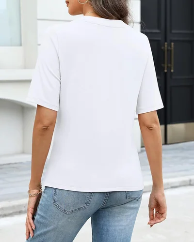 Minetom Women's Half Sleeve Tops V Neck T Shirt Button Casual Tee White, thumbnail 5