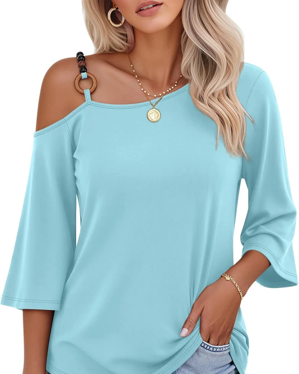 Minetom Women's Off the Shoulder Tops 3 4 Sleeve V Neck T Shirts Fall Tee, Blue, Small, photo 9