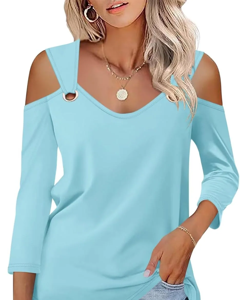 Minetom Women's V Neck 3/4 Sleeve Shirts Cold Shoulder Tops 2026 Fall Tees, Light Blue, Small, photo 15
