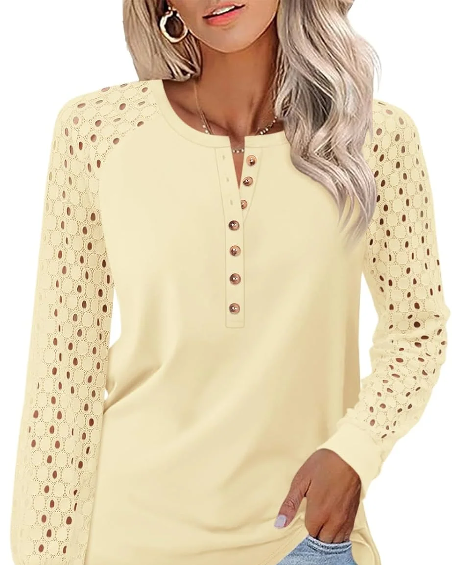 Minetom Women's Lace Long Sleeve Tops Henley Shirts Casual Blouses Tees, Apricot, Small, photo 13