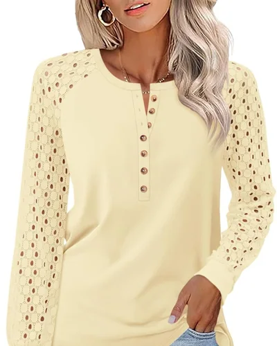 Minetom Women's Lace Long Sleeve Tops Henley Shirts Casual Blouses Tees, thumbnail 13