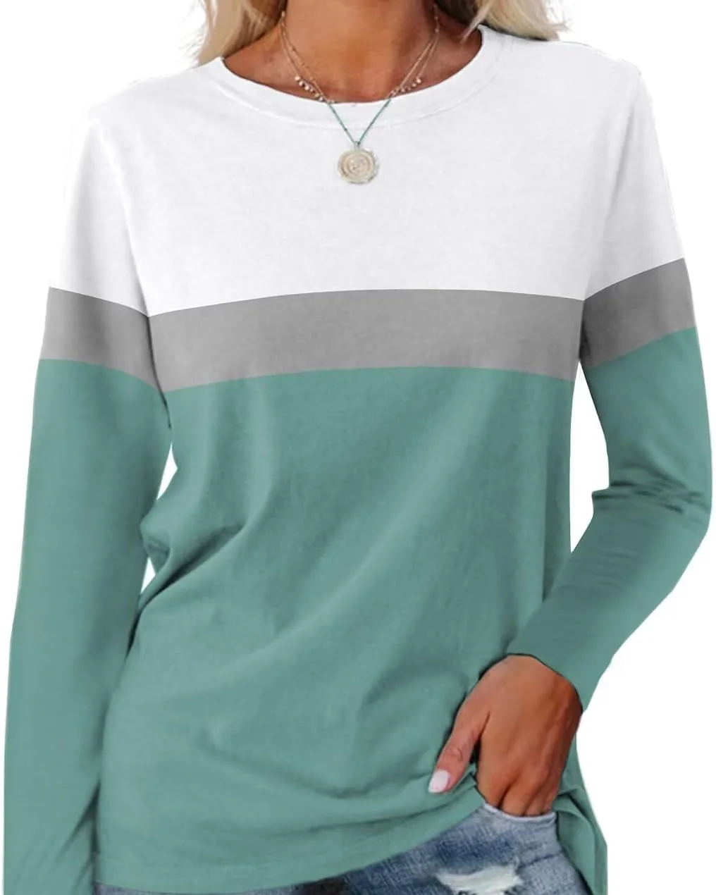 Minetom Women's Color Block Tunic Tops Casual Long Sleeve Shirts Round Neck, White-gray-mint, Large, photo 13