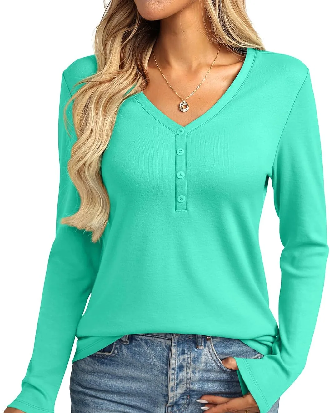 Minetom Womens Long Sleeve Tops Henley V Neck Tees Button Up Shirts Basic, Lake Green, Small, photo 16