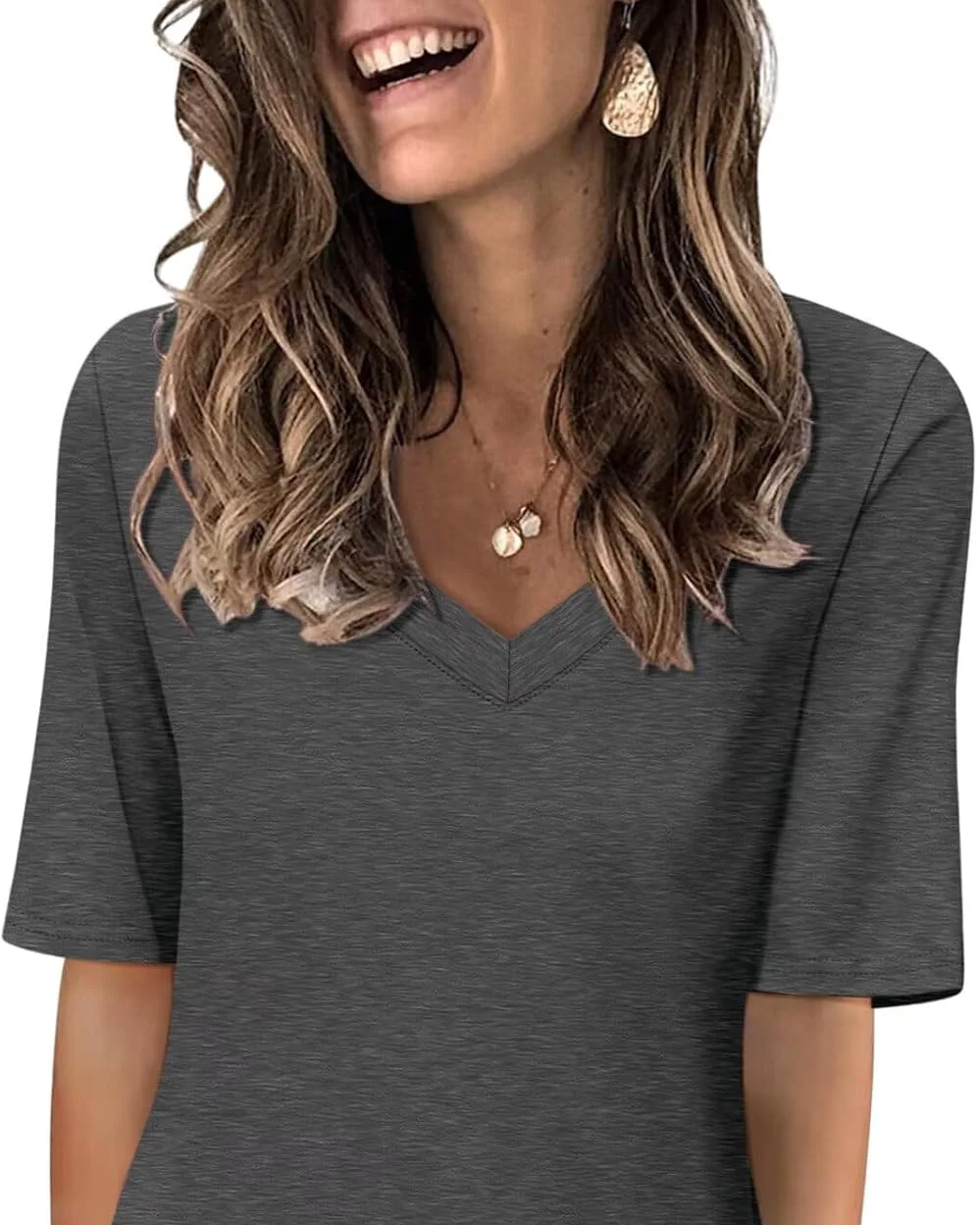 Minetom Women's V Neck T Shirts Casual Half Sleeve Tops Basic Summer Tees, Charcoal, Small, photo 27