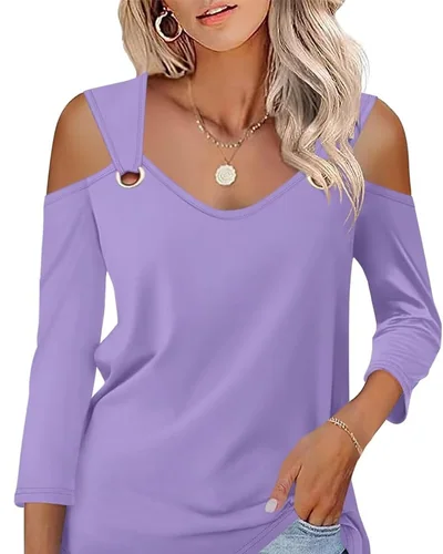 Minetom Women's V Neck 3/4 Sleeve Shirts Cold Shoulder Tops 2026 Fall Tees, thumbnail 7