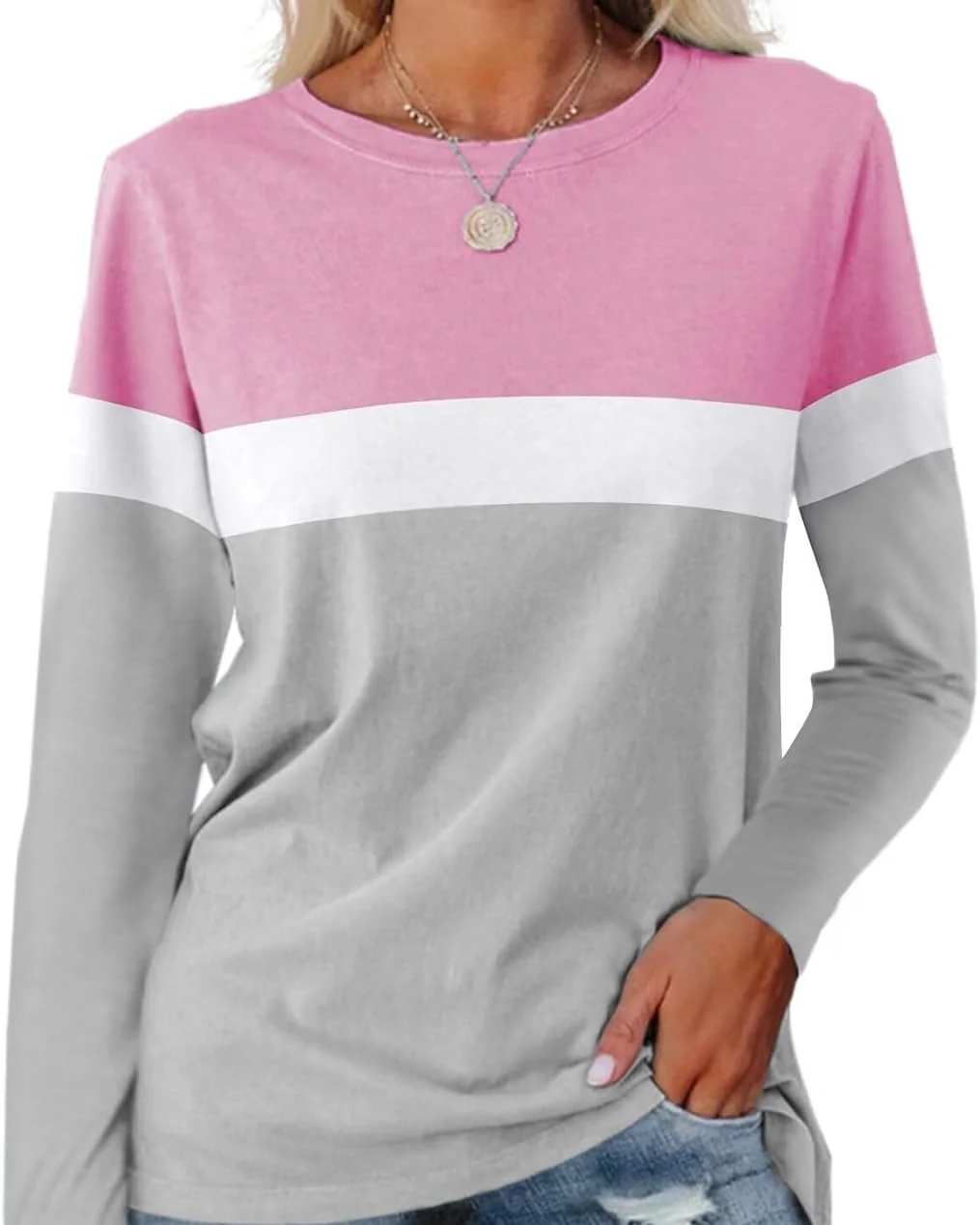 Minetom Women's Color Block Tunic Tops Casual Long Sleeve Shirts Round Neck, Pink-white-gray, XX-Large, photo 19