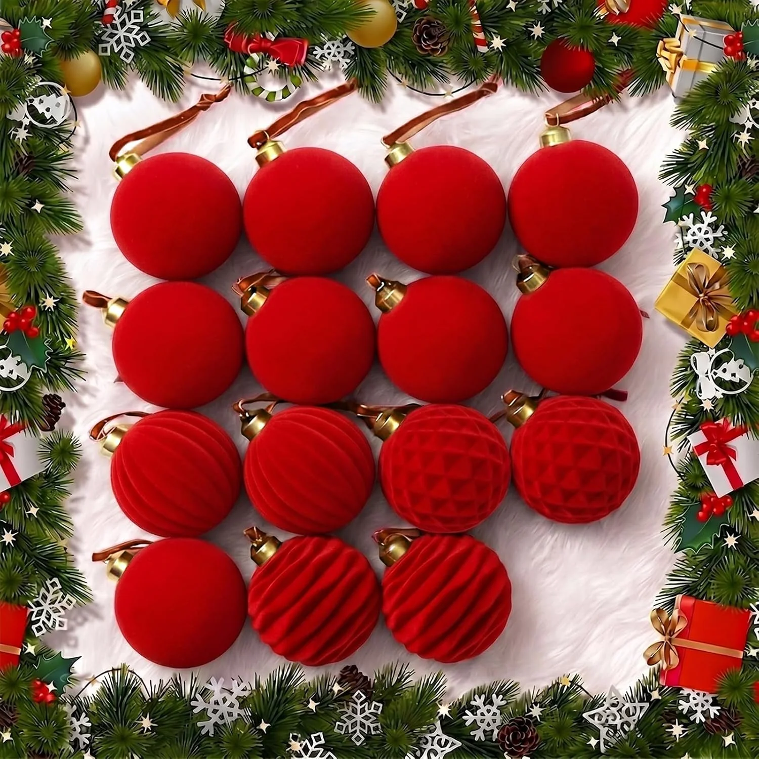 Minetom 15pcs Burgundy & Green Christmas Ornaments, Red, 2.36inch, photo 5