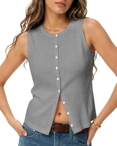 Minetom Womens Sleeveless Button Down Shirts Ribbed Tank Tops Pink, thumbnail 7