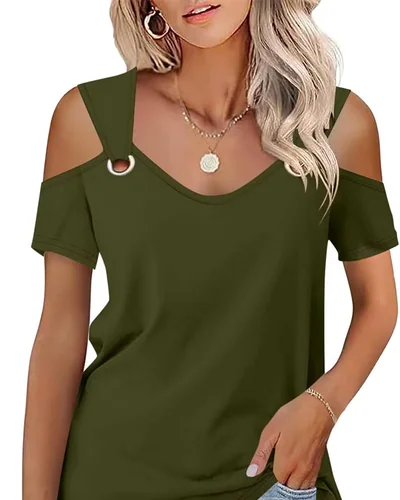 Minetom Women's Cold Shoulder Tops Short Sleeve V Neck T Shirts Summer Tee, thumbnail 19