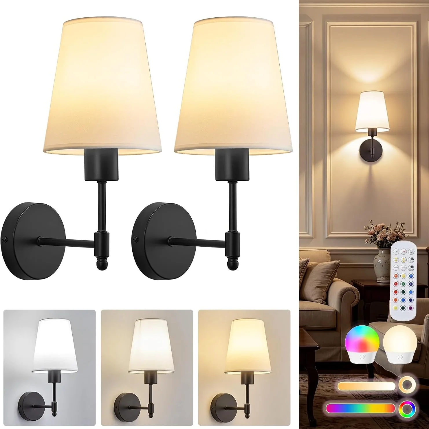 Minetom Battery Operated Wall Sconces Set of 2 Gold Rechargeable Wall Decor, Black, 13in, photo 2