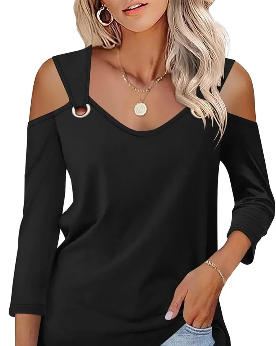 Minetom Women's V Neck 3/4 Sleeve Shirts Cold Shoulder Tops 2026 Fall Tees, Black, Small, photo 17