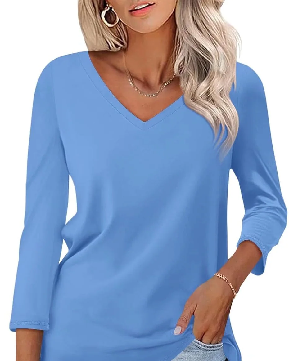 Minetom Women's 3/4 Length Sleeve Tops V Neck T Shirts Casual Basic Tees, Blue, Small, photo 11