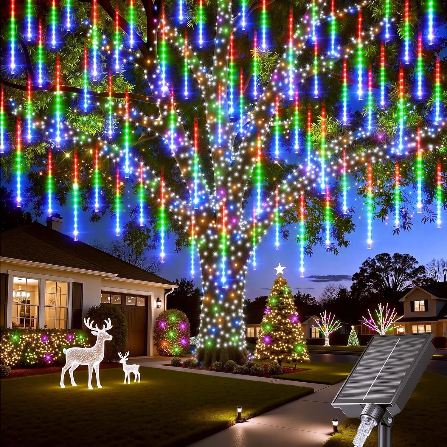 Minetom Solar Meteor Shower Icicle Lights, Multicolor, 12Inch 20Tube 480LED, photo 1