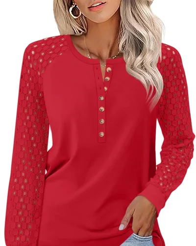Minetom Women's Lace Long Sleeve Tops Henley Shirts Casual Blouses Tees, thumbnail 10