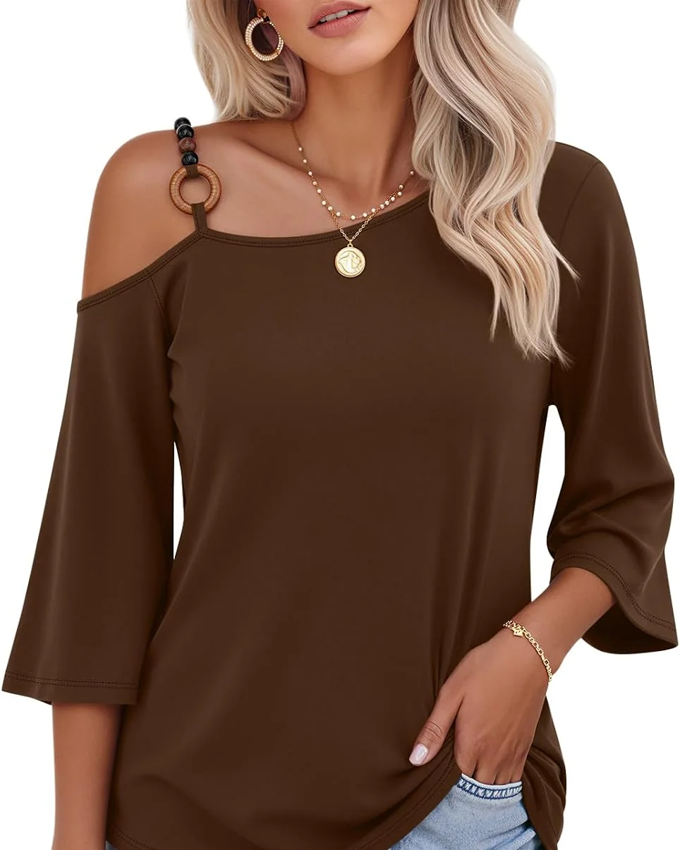 Minetom Women's Off the Shoulder Tops 3 4 Sleeve V Neck T Shirts Fall Tee, Brown, Small, photo 3