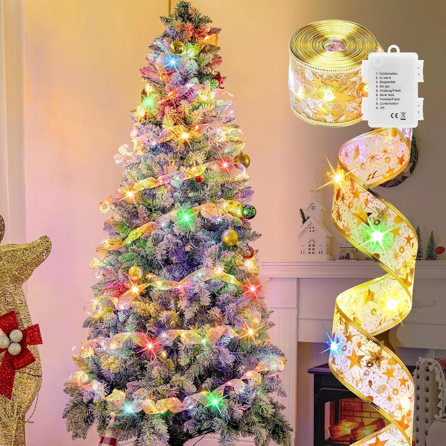 Minetom Christmas Tree Ribbon String Lights, Gold Ribbon + Multi-color LED, 1 Pack, photo 1
