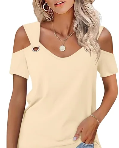 Minetom Women's Cold Shoulder Tops Short Sleeve V Neck T Shirts Summer Tee, thumbnail 26