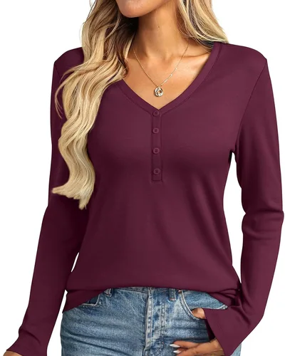 Minetom Womens Long Sleeve Tops Henley V Neck Tees Button Up Shirts Basic, thumbnail 8