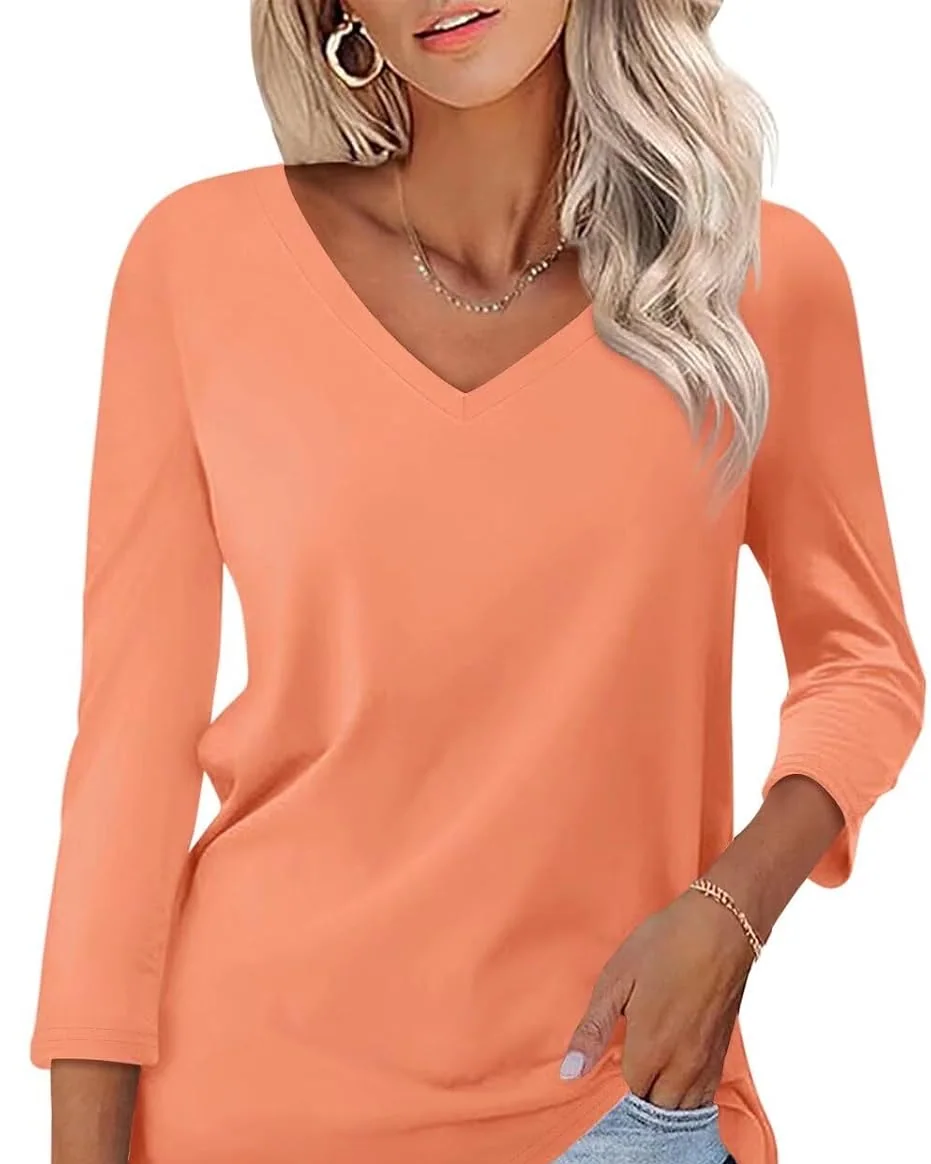 Minetom Women's 3/4 Length Sleeve Tops V Neck T Shirts Casual Basic Tees, Orange, Medium, photo 16