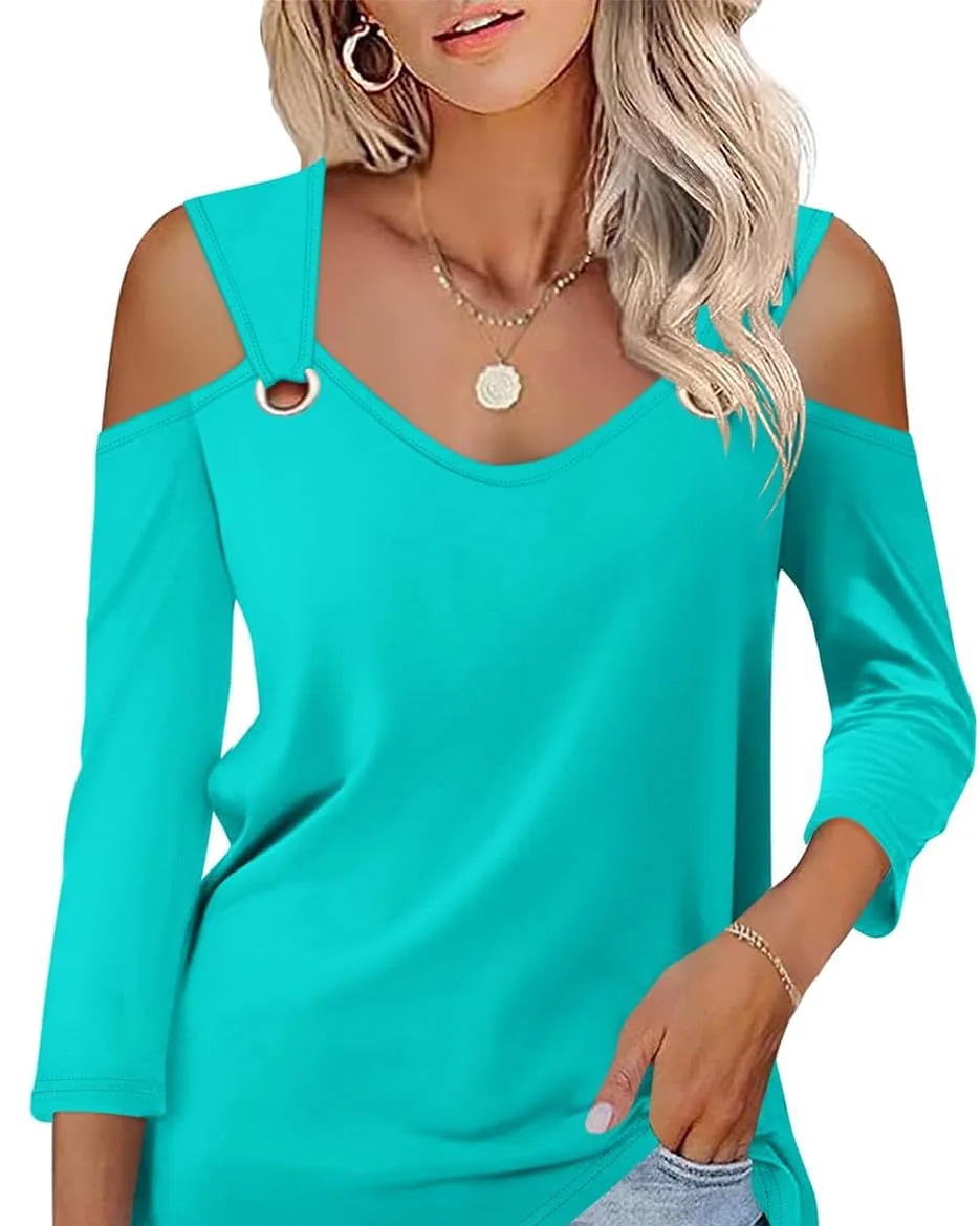 Minetom Women's V Neck 3/4 Sleeve Shirts Cold Shoulder Tops 2026 Fall Tees, Lake Green, Small, photo 10