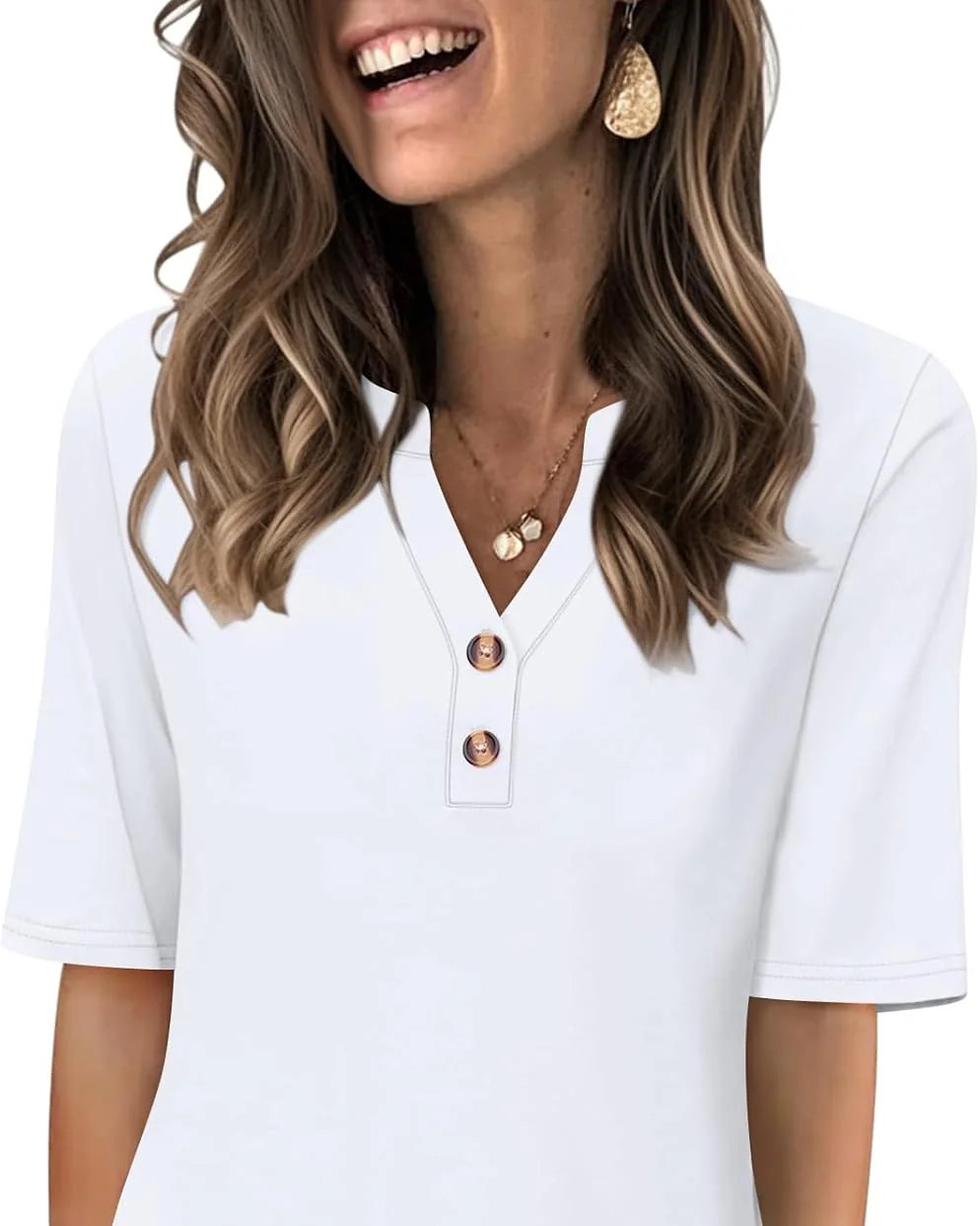 Minetom Women's Half Sleeve Tops V Neck T Shirt Button Casual Tee White, White, Small, photo 1