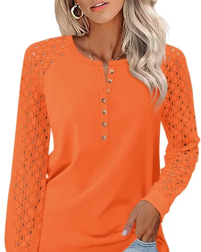 Minetom Women's Lace Long Sleeve Tops Henley Shirts Casual Blouses Tees, thumbnail 22