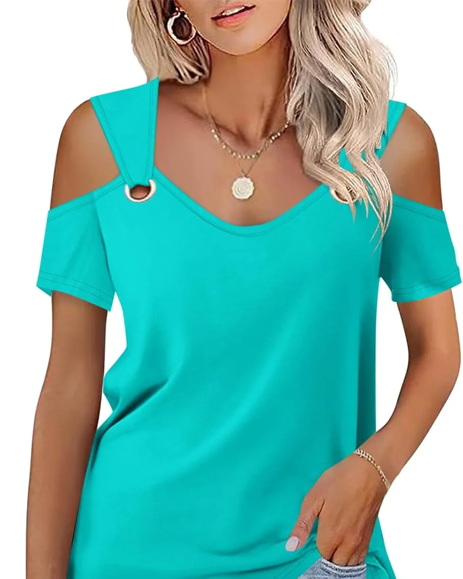 Minetom Women's Cold Shoulder Tops Short Sleeve V Neck T Shirts Summer Tee, Lake Green, Small, photo 21