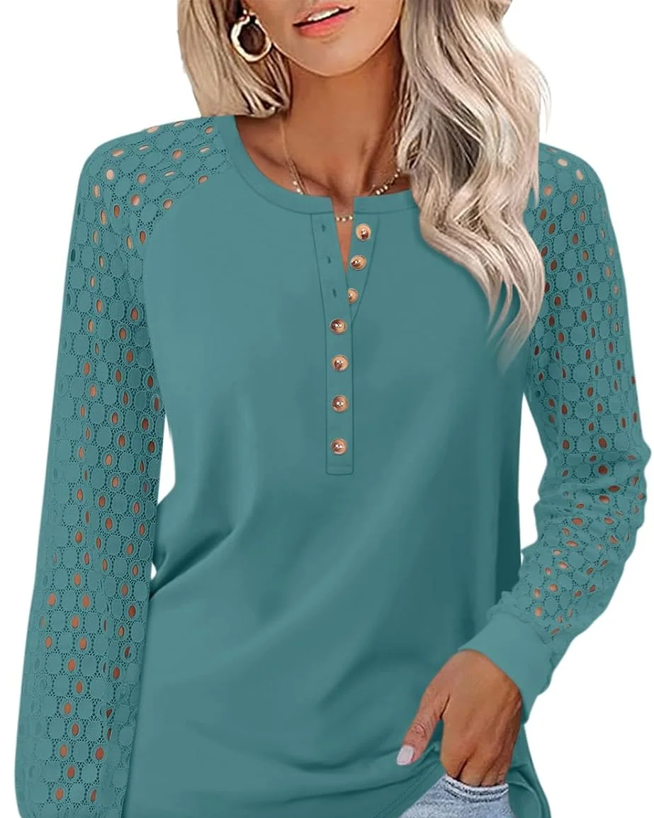 Minetom Women's Lace Long Sleeve Tops Henley Shirts Casual Blouses Tees, Blue Green, Small, photo 18