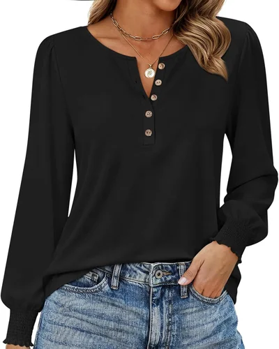Minetom Womens Long Sleeve Shirts Henley Button Up Blouse 2026 Fall Tops, thumbnail 11