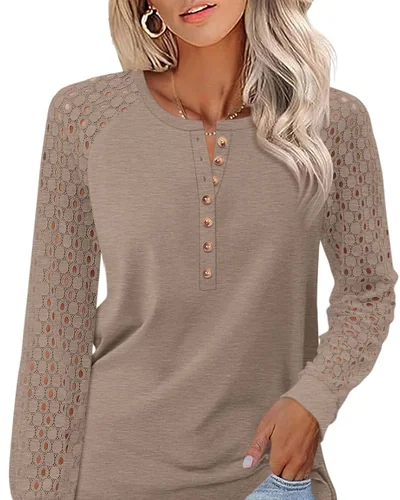 Minetom Women's Lace Long Sleeve Tops Henley Shirts Casual Blouses Tees, thumbnail 1