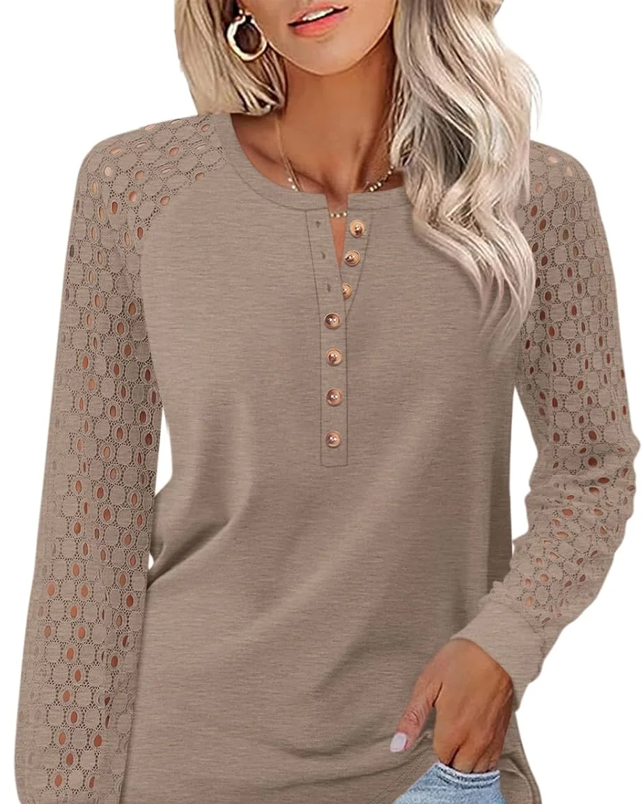 Minetom Women's Lace Long Sleeve Tops Henley Shirts Casual Blouses Tees, Khaki, Small, photo 1