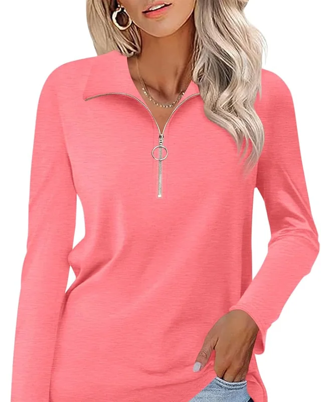 Minetom Womens Long Sleeve Shirts 1/4 Zipper Pullover V Neck Collar Tops