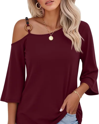 Minetom Women's Off the Shoulder Tops 3 4 Sleeve V Neck T Shirts Fall Tee, thumbnail 4