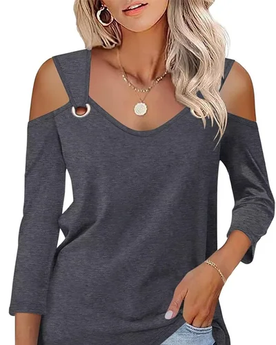 Minetom Women's V Neck 3/4 Sleeve Shirts Cold Shoulder Tops 2026 Fall Tees, thumbnail 22