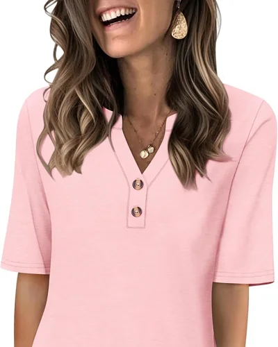 Minetom Women's Half Sleeve Tops V Neck T Shirt Button Casual Tee White, thumbnail 7