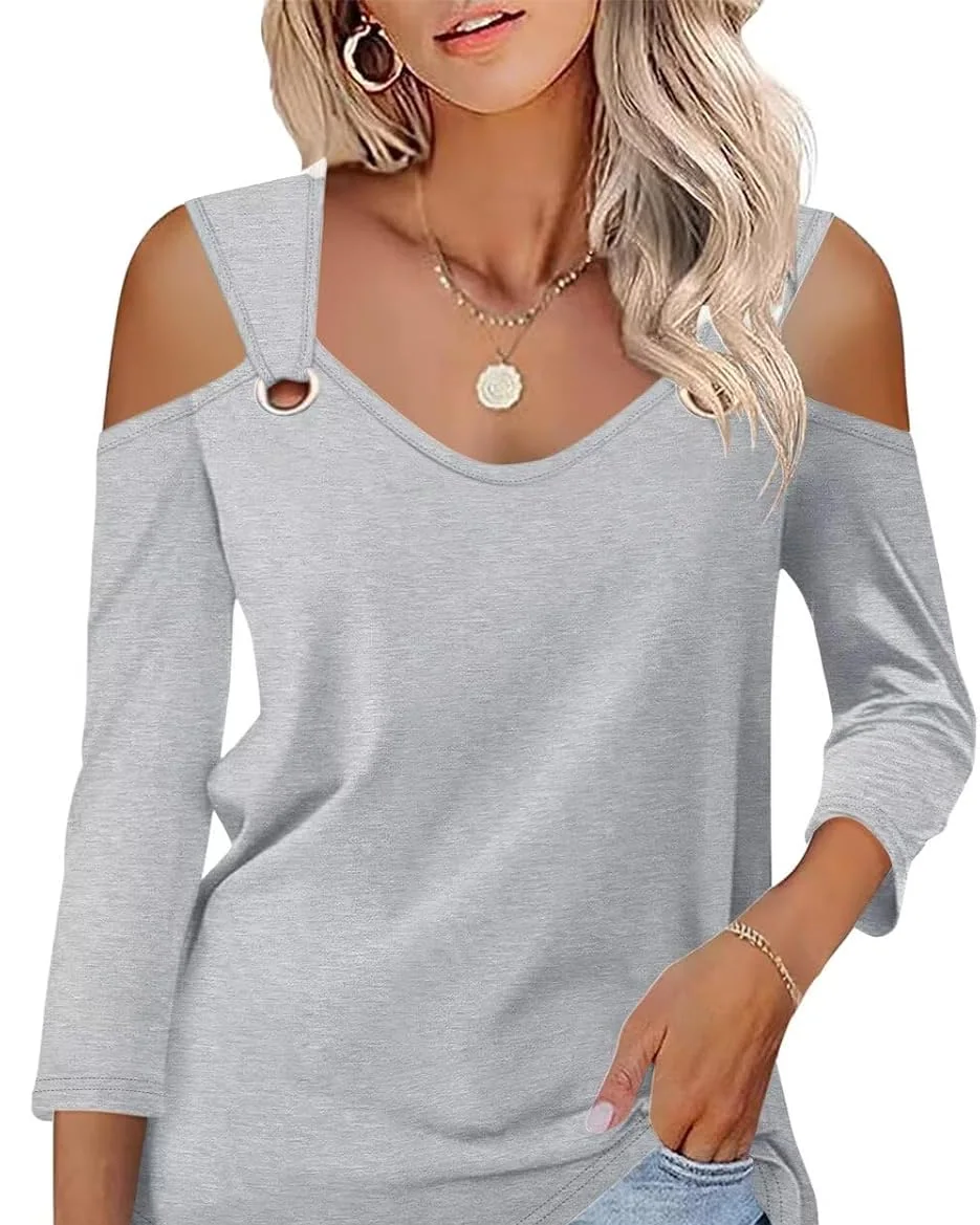 Minetom Women's V Neck 3/4 Sleeve Shirts Cold Shoulder Tops 2026 Fall Tees, Gray, Medium, photo 28