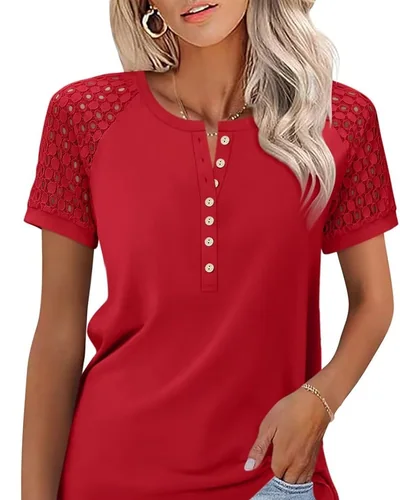 Minetom Women's Lace Short Sleeve Tops Henley Shirts Business Casual Blouses, thumbnail 6