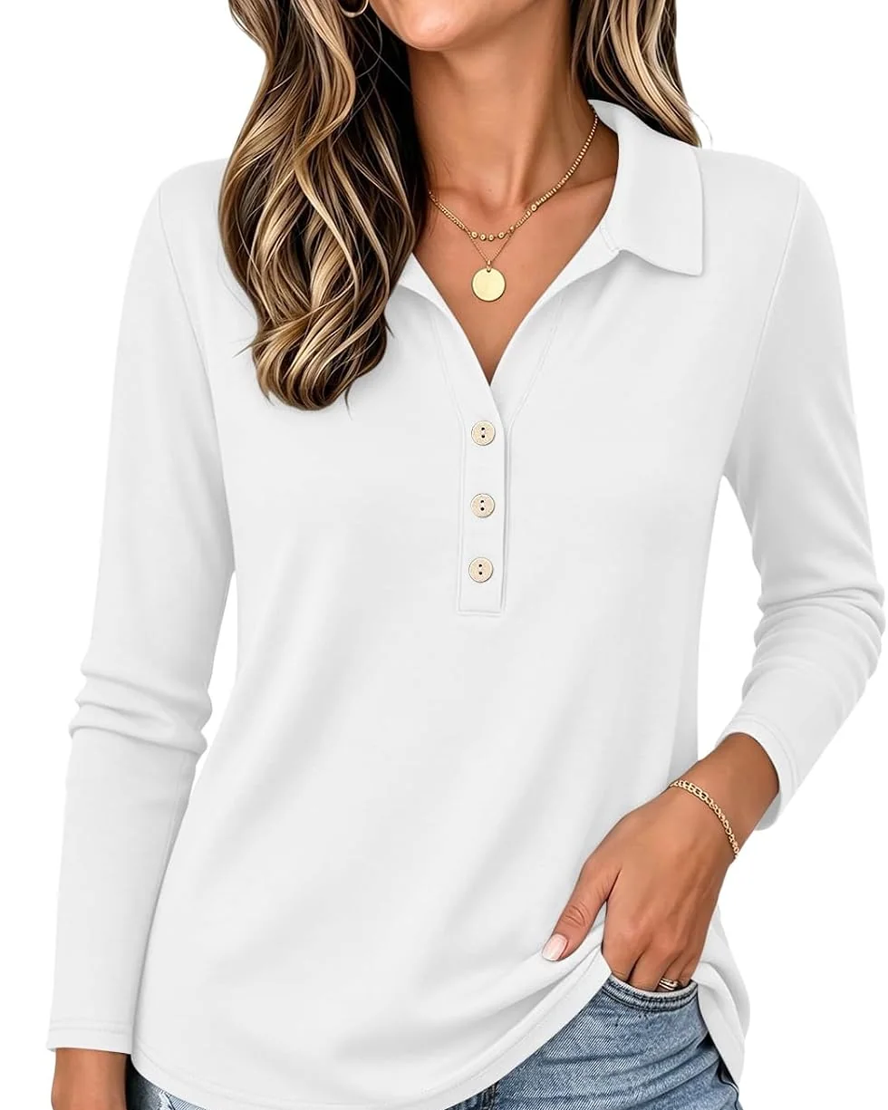Minetom Womens Long Sleeve Tops Collared Button Up Shirts, White, Small, photo 11