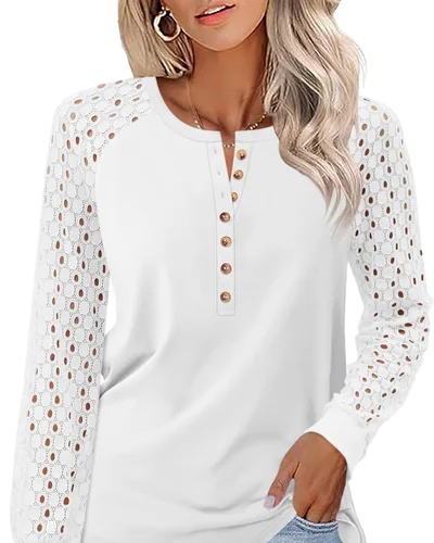 Minetom Women's Lace Long Sleeve Tops Henley Shirts Casual Blouses Tees, thumbnail 16